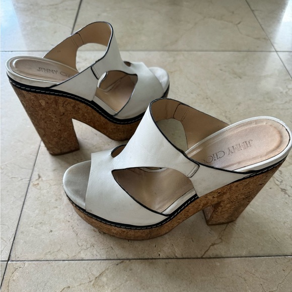 Jimmy Choo T-Strap Slide Cork Wedge Heel Sandal in White Leather sz 40 - Picture 2 of 5